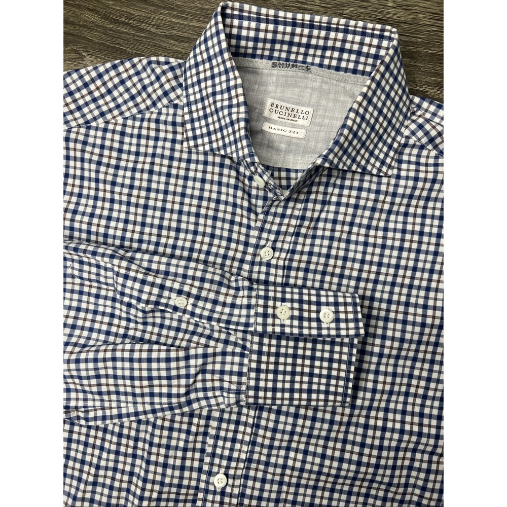 Brunello Cucinelli Plaid Button Down Shirt Mens Medium Blue Windowpane Basic Fit